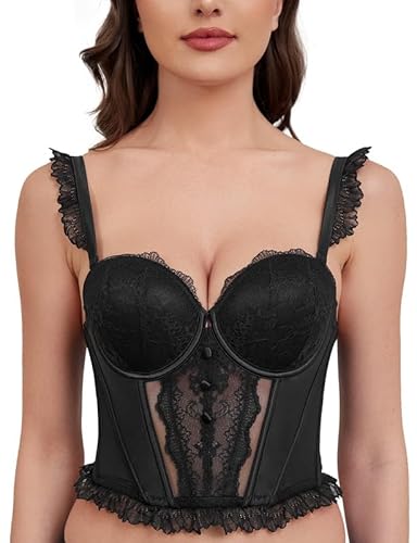 Wingslove BH Damen mit Bügel Geformt Spitze Trägerloser BH Multiway Bustier Damen Sexy Ohne Träger Korsett Spitze Strapsen Dessous Spitze Korsage(Schwarz, 85D) von Wingslove