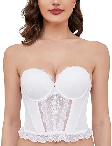 Wingslove BH Damen mit Bügel Geformt Spitze Trägerloser BH Multiway Bustier Damen Sexy Ohne Träger Korsett Spitze Strapsen Dessous Spitze Korsage(Weiß, 75E) von Wingslove