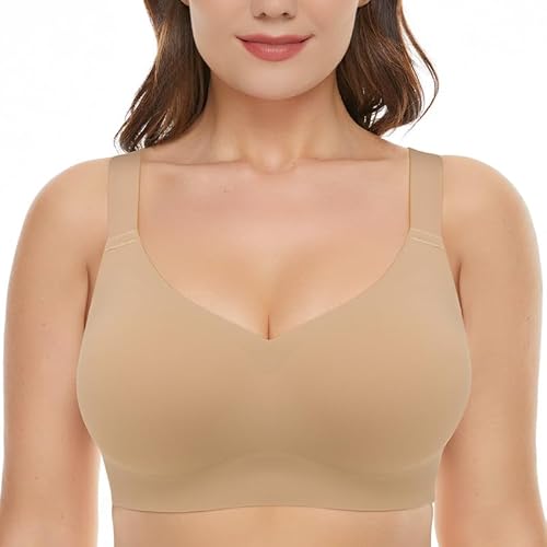 Wingslove BH Damen ohne Bügel Minimizer Seamless BH mit Breiter Träger Bügelloser Bustier Damen Super Komfort T-Shirt BH (Nude, L) von Wingslove