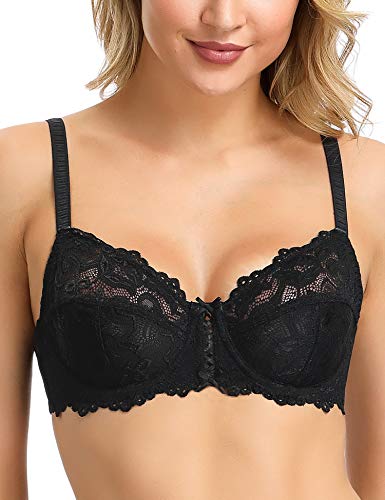 Wingslove Damen BH aus floraler Spitze Lace BH Bügel BH Ungepolstert Soft Cup Vollschalen(Schwarz 32C) von Wingslove