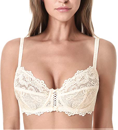 Wingslove Damen BH aus floraler Spitze Lace BH Bügel BH Ungepolstert Soft Cup Vollschalen(Nackt 32DD) von Wingslove