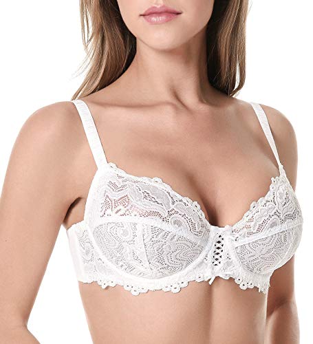 Wingslove Damen BH aus floraler Spitze Lace BH Bügel BH Ungepolstert Soft Cup Vollschalen(Weiß 32C) von Wingslove