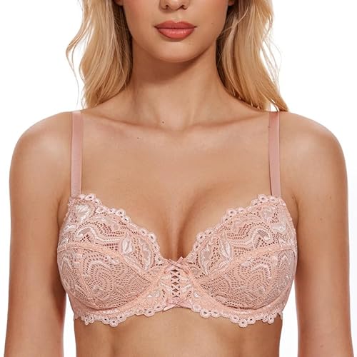 Wingslove Damen BH aus floraler Spitze Lace BH Bügel BH Ungepolstert Soft Cup Vollschalen (Rosa Beige, 95G) von Wingslove