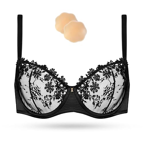 Wingslove Damen Blumen Spitzen BH Floraler Bügel-BH Soft Unlined Bralette Lace Bra Crop Top mit Spitze Mesh(Schwarz,38B/85B) von Wingslove