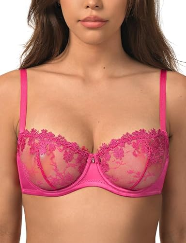 Wingslove Damen Blumen Spitzen BH Floraler Bügel-BH Soft Unlined Bralette Lace Bra Crop Top mit Spitze Mesh Lila-rosa 36DD/80E von Wingslove