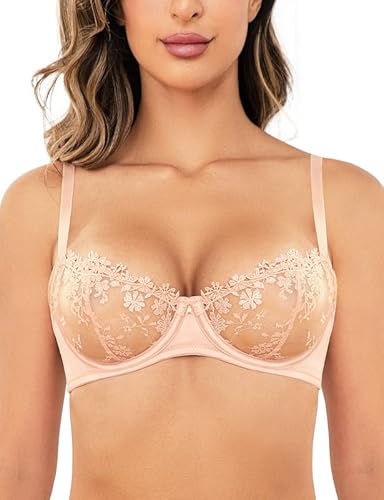Wingslove Damen Blumen Spitzen BH Floraler Bügel-BH Soft Unlined Bralette Lace Bra Crop Top mit Spitze Mesh Rosa Nude 38DDD/85F von Wingslove