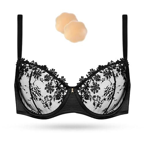 Wingslove Damen Blumen Spitzen BH Floraler Bügel-BH Soft Unlined Bralette Lace Bra Crop Top mit Spitze Mesh Schwarz 40C/90C von Wingslove