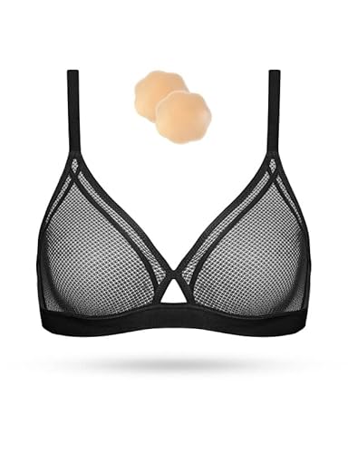 Wingslove Damen Bralette BH Durchsichtiger Mesh Büstenhalter Ohne Bügel Nicht Gepolsterter Tief V Bustier(Schwarz,32C/70C) von Wingslove