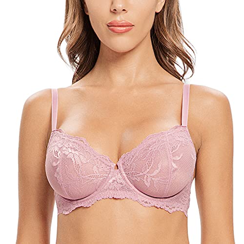 Wingslove Damen Floraler Spitzen BH Sexy Sheer BH Komfort Bügel Unterstützung BH Ungepolstert(Helles Lila,34C) von Wingslove