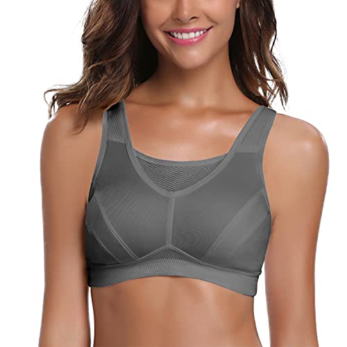 Wingslove Damen High Impact Sport-BH volle Abdeckung drahtlos nicht gepolstert Workout BH Übergröße, GRAU, 80E von Wingslove
