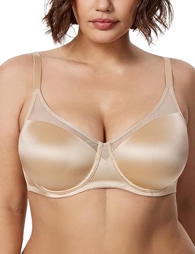 Wingslove Damen Minimizer BH mit Bügel Große Größen T-Shirt BH Vollschale Große Brüste Nahtlos Bra Ungepolstert Halt Komfort Seamless Mesh-Spitze Hautfarben 90F von Wingslove