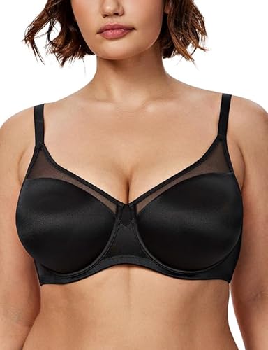 Wingslove Damen Minimizer BH mit Bügel Große Größen T-Shirt BH Vollschale Große Brüste Nahtlos Bra Ungepolstert Halt Komfort Seamless Mesh-Spitze Schwarz 90C von Wingslove