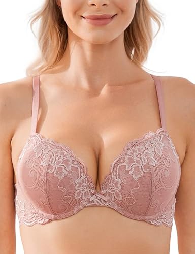 Wingslove Damen Push Up BH mit Floraler Spitze gepolsterter Bügel BH Komfort BH (Rosa Braun, 70B) von Wingslove