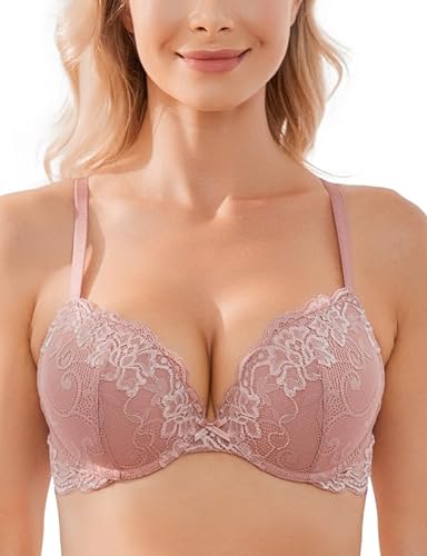 Wingslove Damen Push Up BH mit Floraler Spitze gepolsterter Bügel BH Komfort BH (Rosa Braun, 70C) von Wingslove