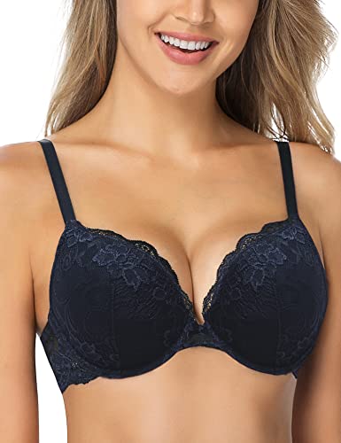 Wingslove Damen Push Up BH mit floraler Spitze gepolsterter Bügel BH Komfort BH, Marine Blau, 32DDD / 70DDD(F) von Wingslove