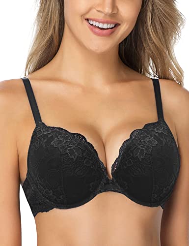 Wingslove Damen Push Up BH mit floraler Spitze gepolsterter Bügel BH Komfort BH, Schwarz, 32B / 70B von Wingslove