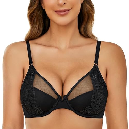 Wingslove Damen Push up BH mit Bügel Halbschalen Spitzen Gepolstert BH Lace Bra für Kleine Brüste (Schwarz, 85D) von Wingslove