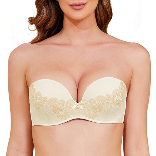 Wingslove Damen Trägerloser BH mit Bügel Sexy Balconette Push up BH Spitze BH mit Dick Gepolster für Kleine Brüste (Elfenbein/Nackt, 34F/75F/75DDD) von Wingslove