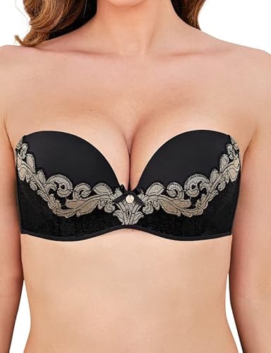 Wingslove Damen Trägerloser BH mit Bügel Sexy Balconette Push up BH Spitze BH mit Dick Gepolster für Kleine Brüste (Schwarz/Nackt, 34E/75E/75DD) von Wingslove