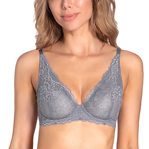 Wingslove Damen Sexy Bügel Spitze BH Tief V Mesh Komfort Leicht Gepolstert BH Bralette (Grey 32C) von Wingslove