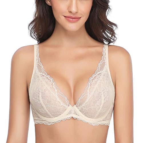 Wingslove Damen Sexy Bügel Spitze BH Tief V Mesh Komfort Leicht Gepolstert BH Bralette (Nackt 34E) von Wingslove