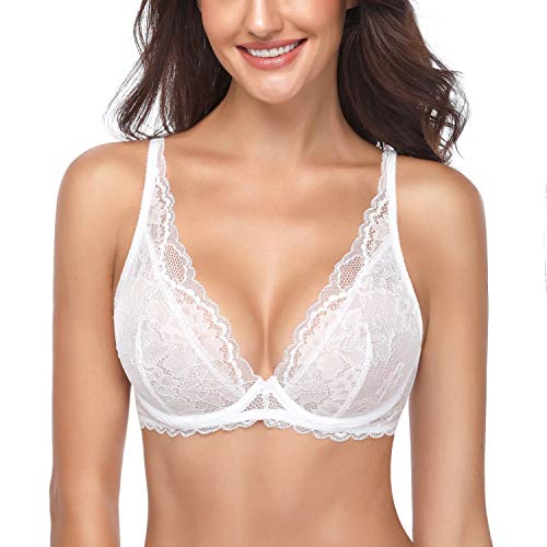 Wingslove Damen Sexy Bügel Spitze BH Tief V Mesh Komfort Leicht Gepolstert BH Bralette (Weiß 32D) von Wingslove