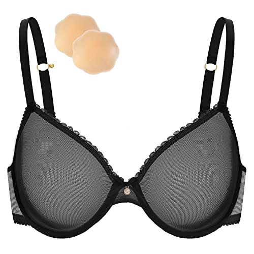 Wingslove Damen Sexy Durchsichtiger BH mit Bügel Büstenhalter ohne Polsterung Spitze Mesh Transparent BH mit Einem Paar Silikon-Nipple Cover (Schwarz, 75F) von Wingslove