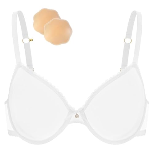 Wingslove Damen Sexy Durchsichtiger BH mit Bügel Büstenhalter ohne Polsterung Spitze Mesh Transparent BH mit Einem Paar Silikon-Nipple Cover (Weiß, 75F) von Wingslove