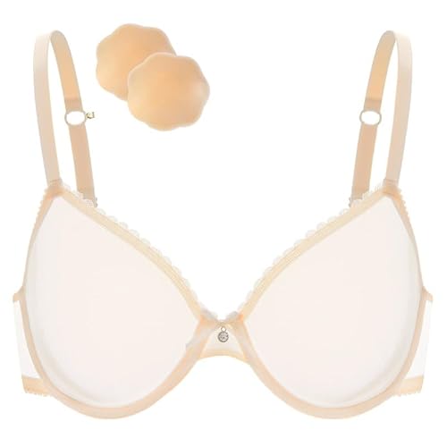 Wingslove Damen Sexy Transparenter BH Unwattierter Bügel BH Spitze Mesh Durchsichtiger BH Mit einem Paar Silikon-Brustaufkleber(Nackt,34B) von Wingslove