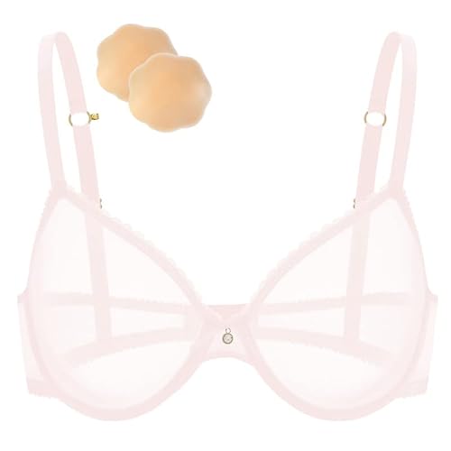 Wingslove Damen Sexy Transparenter BH Unwattierter Bügel BH Spitze Mesh Durchsichtiger BH Mit einem Paar Silikon-Brustaufkleber Rosa 32DD/70E von Wingslove