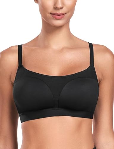 Wingslove Damen Sport BH Starker Halt Ohne Bügel Nahtloser Minimizer Tshirt BHS mit Schmale Träger Atmungsaktiv Baumwolle Sport Bustier Top Für Fitness Yoga Pilates Laufen Schwarz 75B von Wingslove