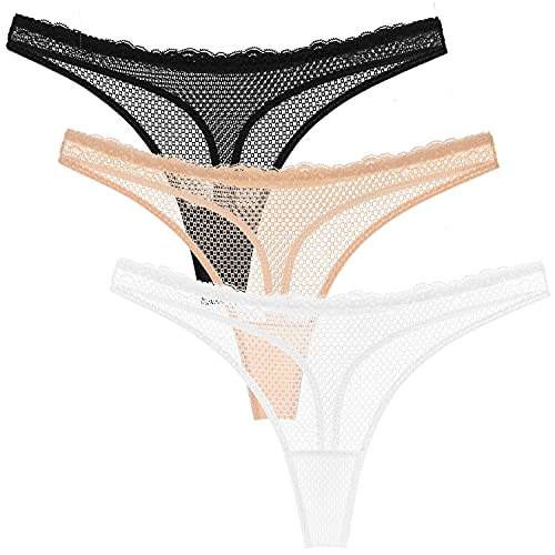 Wingslove Damen Thongs Unterhosen Mesh Slip Panties Sexy Bikini Panties Set Atmungsaktiv Slips,3er Pack(Weiß,Nackt,Schwarz,XL) von Wingslove