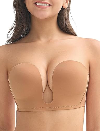 Wingslove Damen Trägerloser BH Bügellos Tiefer V Push Up Rückenfrei Ersetzbar Durchsichtig Verschluss Nahtloser Bustier (Hellbraun, 80E) von Wingslove