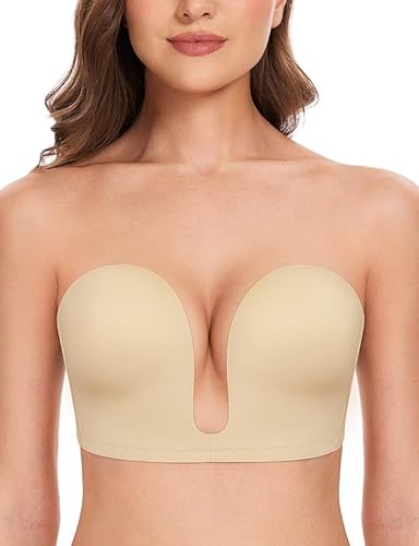 Wingslove Damen Trägerloser BH Bügellos Tiefer V Push Up Rückenfrei Ersetzbar Durchsichtig Verschluss Nahtloser Bustier (Nude, 75B) von Wingslove