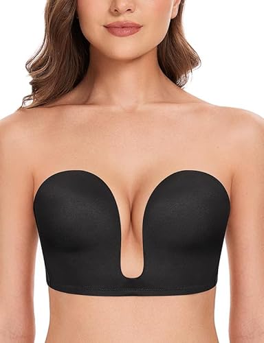 Wingslove Damen Trägerloser BH Bügellos Tiefer V Push Up Rückenfrei Ersetzbar Durchsichtig Verschluss Nahtloser Bustier (Schwarz, 75D) von Wingslove