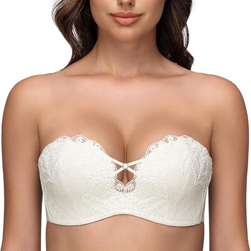 Wingslove Damen Trägerloser BH mit Bügel Super Push up BH Geformte Bra ohne Träger Große Größen Vollschalen Multiway Spitze BH (Elfenbein, 85C) von Wingslove