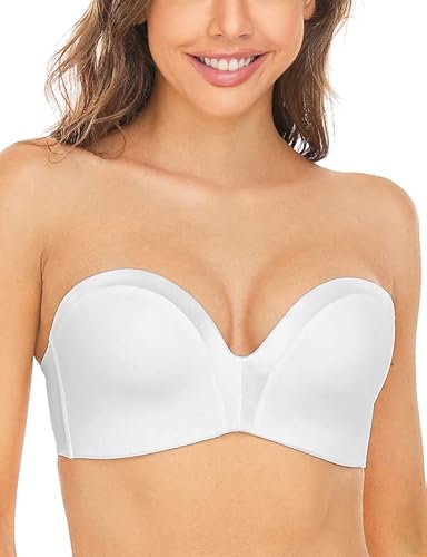 Wingslove Damen Trägerloser BH ohne Bügel Gemoldete Cups Tiefer Ausschnitt Seamless Gepolstert BH Weiß 32G/70G von Wingslove