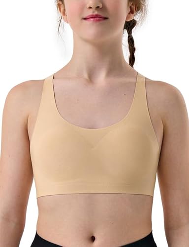 Wingslove Mädchen BH ohne Bügel X-Rücken Bustier mit Abnehmbar Gepolsterte und Breiten Trägern Unterwäsche Nahtlose Bralette Top für 8-18 Jahre Kinder bis Teens (Dunkelbeige, S) von Wingslove