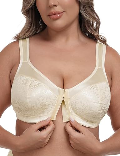 Wingslove Minimizer BH Damen Ohne Bügel Große Größen Starker Halt T- Shirt Bra Vorderverschluss Seamless Bustier für Große Brüste Entlastungs Komfortabler Beige 90C von Wingslove