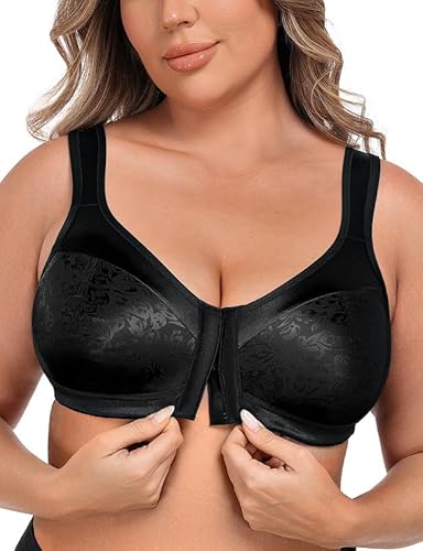 Wingslove Minimizer BH Damen Ohne Bügel Große Größen Starker Halt T- Shirt Bra Vorderverschluss Seamless Bustier für Große Brüste Entlastungs Komfortabler Schwarz 90B von Wingslove