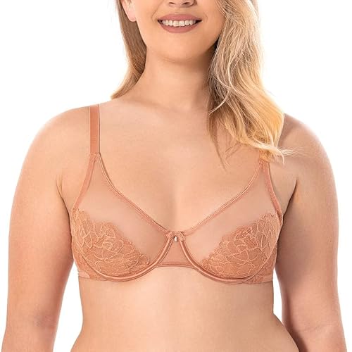 Wingslove Sexy Spitze BH Damen mit Bügel Volle Deckung Ungefütterte BHS Mesh Durchsichtig Dessous Transparent Unterwäsche ohne Gepolstert （Rosabraun, 36C/ 80C von Wingslove