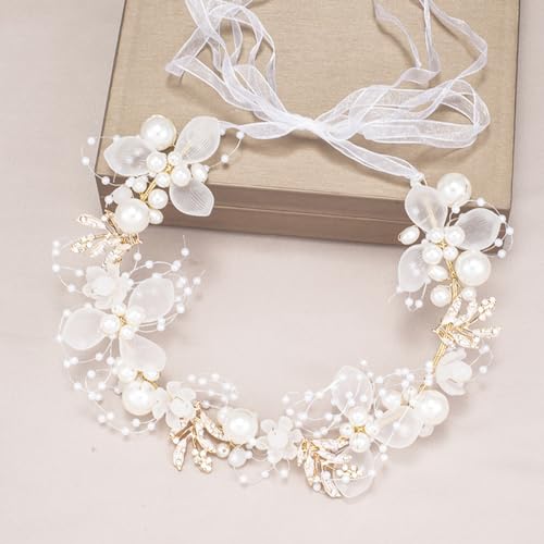 Winhappyhome Einstellbare Tüll Perlen Blume Dekoration Stirnband Braut Kopfschmuck Abendkleid Kopfschmuck Zubehör von Winhappyhome