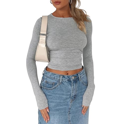 Frauen Basic Langarm Tops Rundhalsausschnitt Enge T-Shirts Slim Fit Ausgehen Tops Teen Mädchen Ästhetische Kleidung Streetwear, Grau meliert, Klein von Winioder