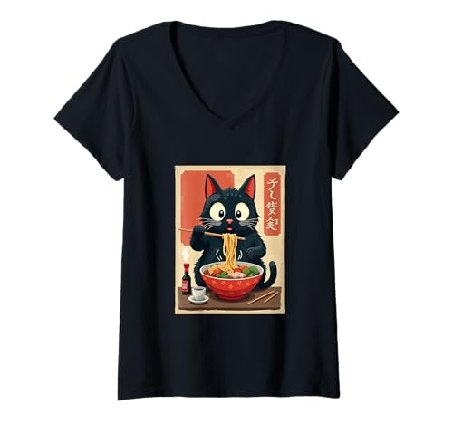 Damen Winkekatze Maneki Neko Lucky Ramen Suppe Katze Glücksbringer T-Shirt mit V-Ausschnitt von Winkekatze Black Katze Maneki Neko Glücksbringer