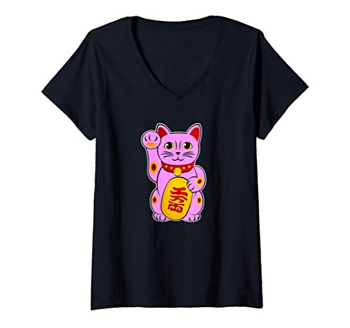 Damen Winkekatze Pink Maneki Neko Glückskatze Lucky Yoga Cat Katze T-Shirt mit V-Ausschnitt Damen Winkekatze Pink Maneki Neko Glückskatze Lucky Yoga Cat Katze T-Shirt mit V-Ausschnitt von Winkekatze Maneki Neko Glücksbringer Lucky Katze