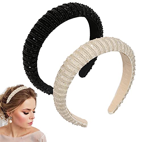 2 Stück Kristall-Strass-Stirnbänder, Perlen, breite Haarbänder, Imitation Diamant verziert, Haarreifen, Party, Hochzeit, Kopfschmuck, Glitzer, dick gepolstert, Haar-Accessoires für Frauen und Mädchen von Winmany