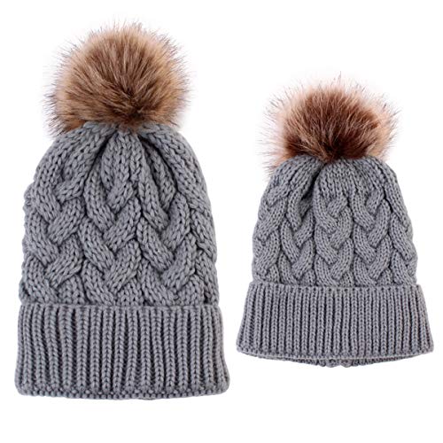 2PCS Mutter & Baby Strickmütze Winterwärmer Familie Häkelarbeithut Wollmütze Beanie Ski Hüte&Mützen (Grau) von Winmany