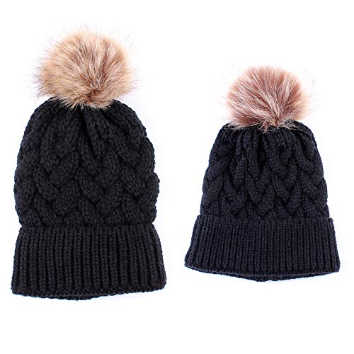 2PCS Mutter & Baby Strickmütze Winterwärmer Familie Häkelarbeithut Wollmütze Beanie Ski Hüte&Mützen (Schwarz) von Winmany