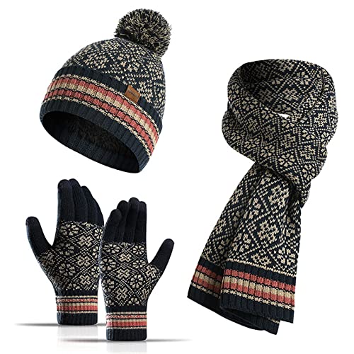 3-teiliges Winter-Handschuhe-Set für Damen und Herren, aus Fleece, Touchscreen-Handschuhe, Beanie-Mütze, Skimütze, Schneeflocke, Marineblau, XXL/Einheitsgröße von Winmany