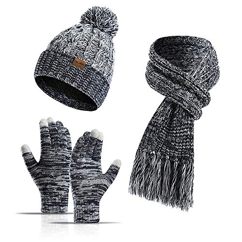 3-teiliges Winter-Mütze, Schal, Handschuhe, Set für Damen und Herren, Strickfleece, Touchscreen-Handschuhe, Beanie-Mütze, Skimütze, navy, Einheitsgröße von Winmany